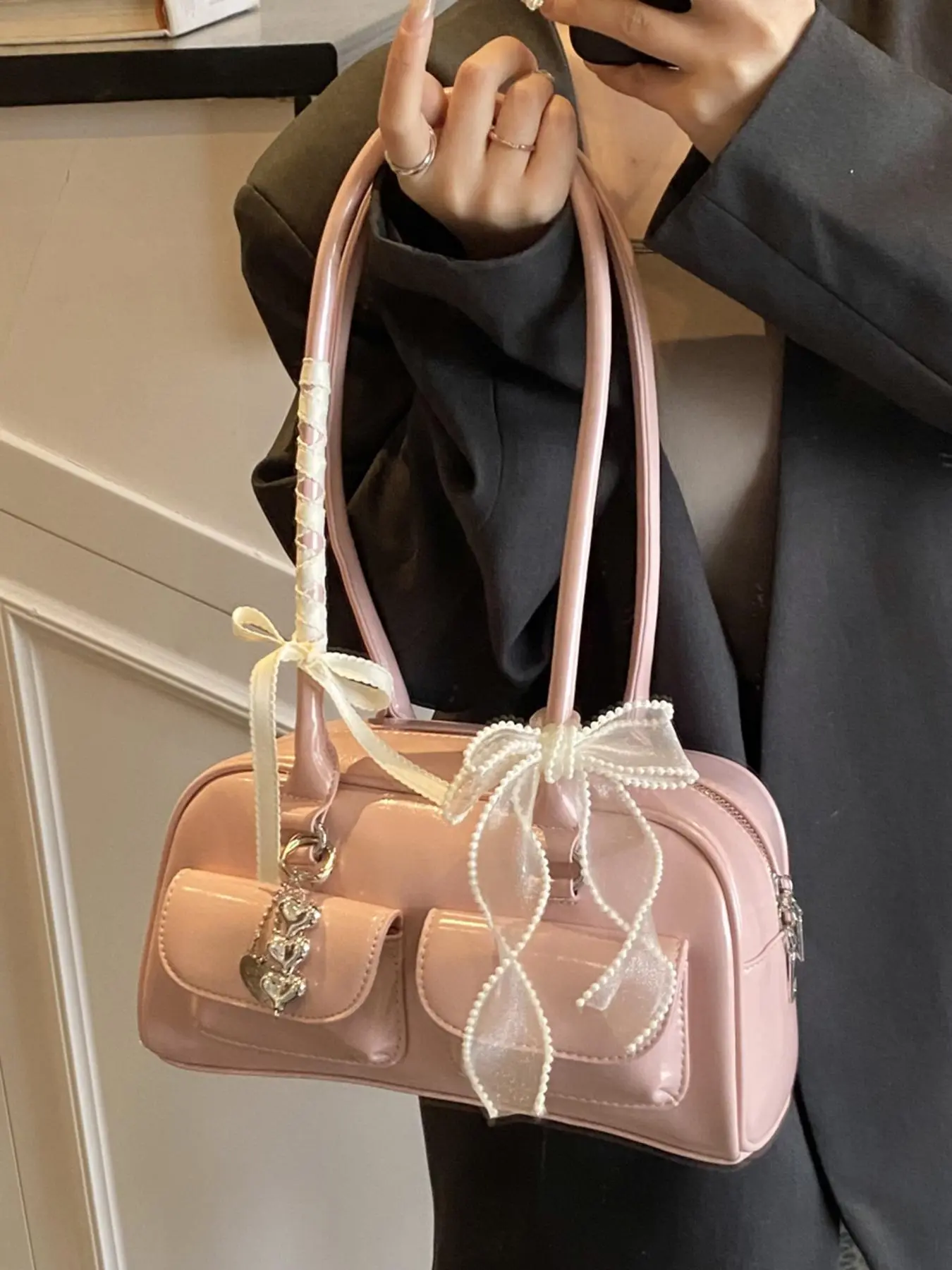 A lace butterfly shoulder bag, Trendy Shoulder Bag, a sweet small bag in the shape of a bowling bag, a cute girl's handheld single-shoulder multi-pocket pillow bag, suitable for shopping, dating, traveling. Stylish Bag