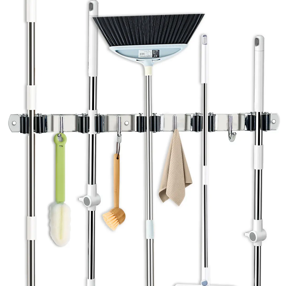 Stainless Steel Heavy-Duty Wall-Mount Mop and Broom Holder - 5+4 Tool Slots, 4 Hooks, Self-Adhesive, Rustresist Steel, Wall-Saving, Firm Nonslip Hold for Home Kitchen, Laundry, Garage