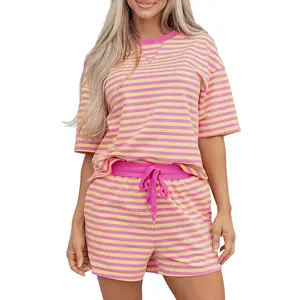 Asvivid Women's Stripe Two Piece Set Drop Shoulder Casual T Shirt & Short Set - 2 Pieces Set Versatile Summer Outfit Clothes
