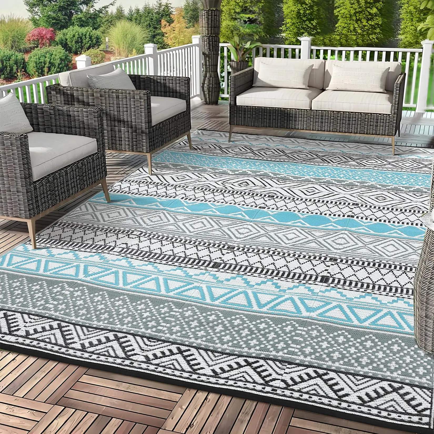 10'x20' Outdoor Plastic Straw Rug - Reversible Sage Green Patio Mat with Flower Design for RV, Backyard, Deck, Camping & Picnic - Blue/Grey