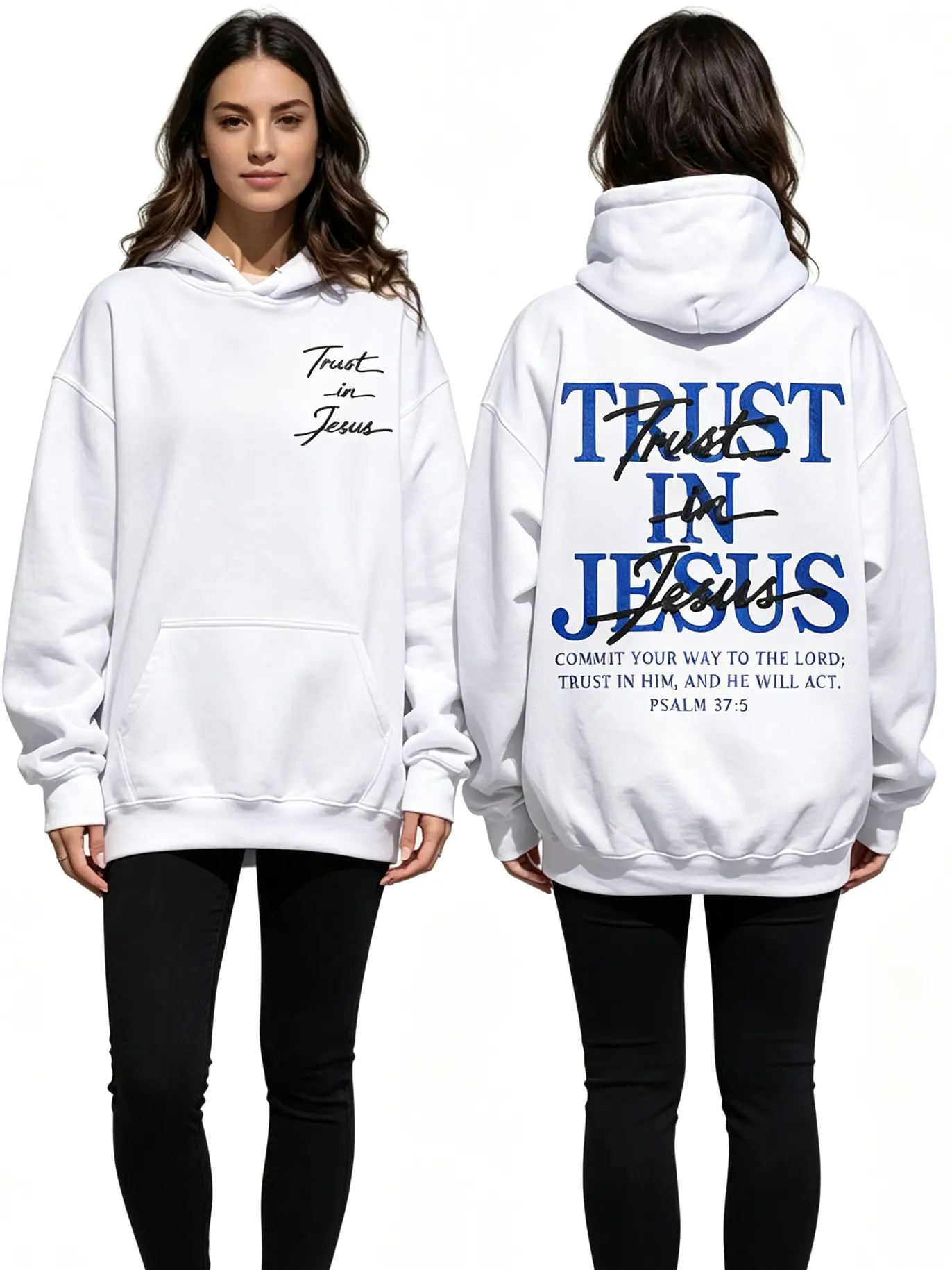 Women's Retro Christian Hoodie - Double Sided Print, Trust In Jesus Psalm 37:5 Bible Verse, Cotton-Poly, Drawstring Hood, Loose-Fit Oversized Casual Long Sleeve Religious Faith Pullover Sweatshirt Top