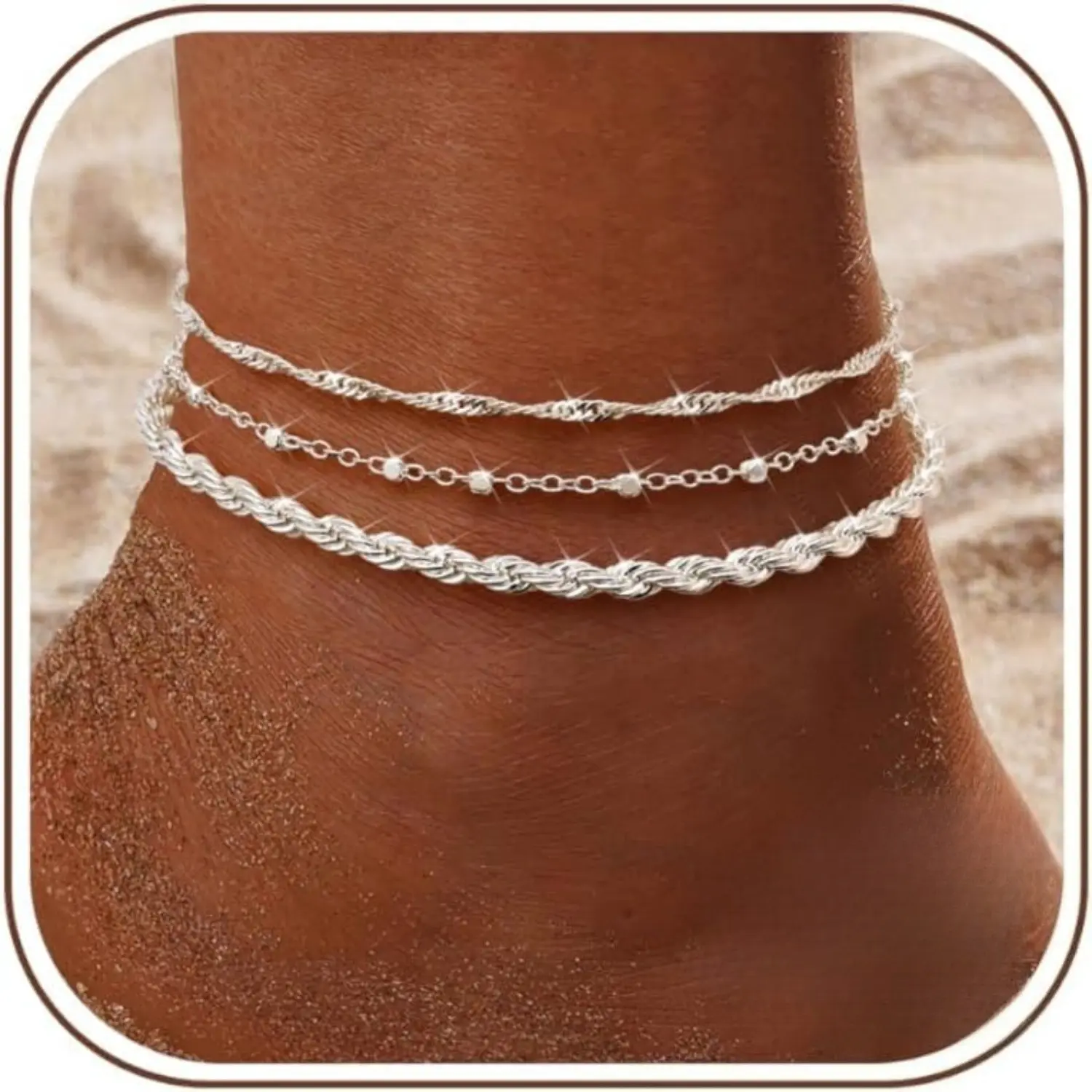 MILACOLATO 925 Sterling Silver Women's Adjustable Anklet Set - Layered Clasp, Beaded Rope Chain Styles, Waterproof, Dainty Trendy Beach Foot Jewelry, Gift-Box, Everyday Wear, Birthday Gift