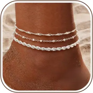MILACOLATO 925 Sterling Silver Clap Ankle Bracelets for Women Trendy Dainty Waterproof Anklets Set Adjustable Layered Anklet Beaded Rope Link Ankle Beach Foot Jewelry for Women, Anklets For Women