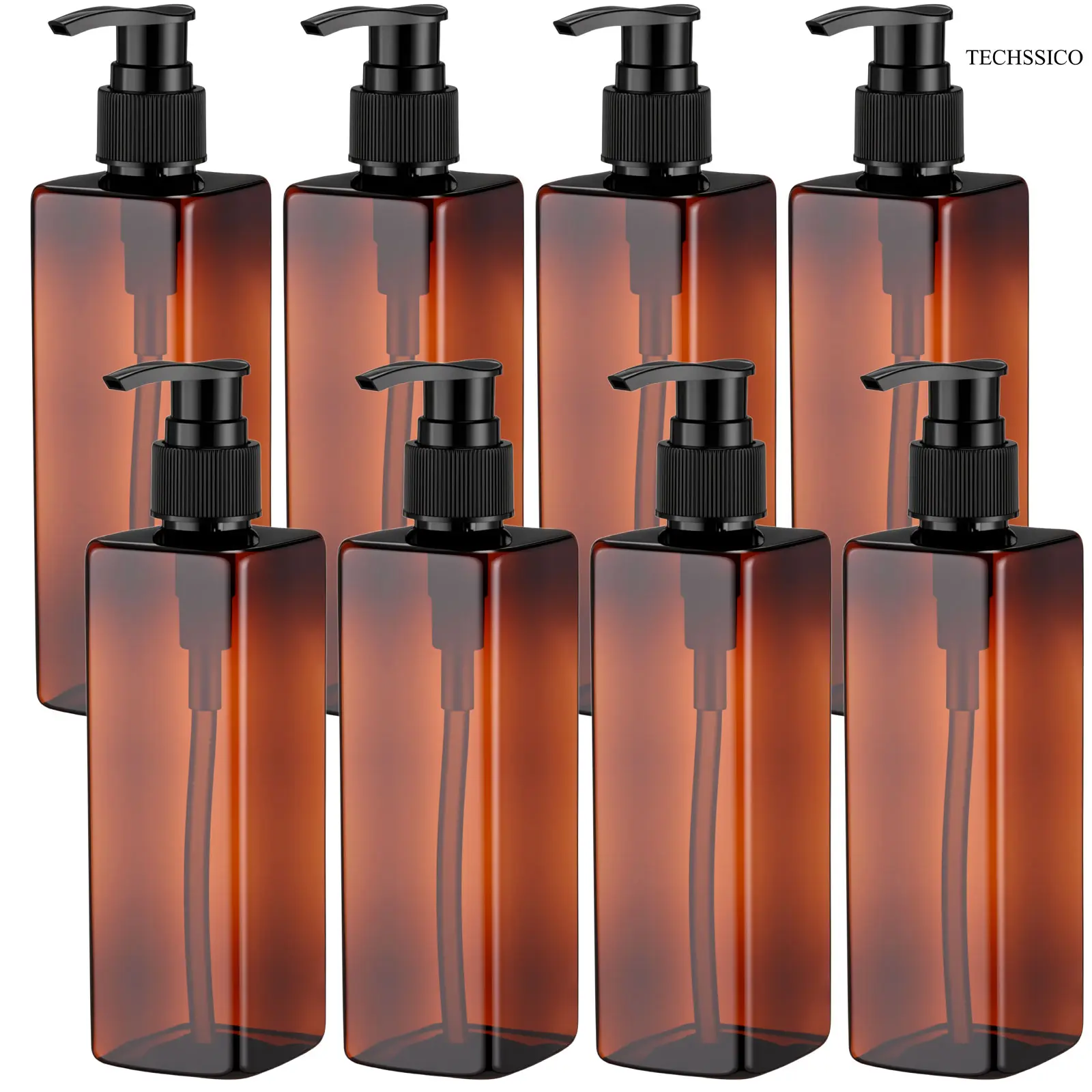 TECHSSICO 8 Pcs Soap Dispensers Plastic Pump Bottles 8.5 oz Refillable Dishwashing Liquid Dispenser with Pump Leakproof Empty Lotion Shampoo Bottles Containers (Brown)