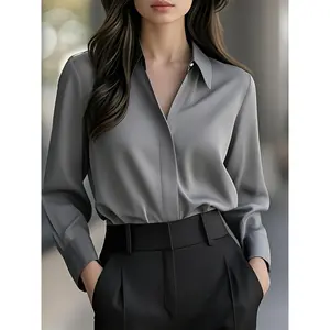 NewWomen's French-Inspired Solid Color Long Sleeve Shirt - Classic Pointed Collar Professional Office Blouse with Single-Button Closure, Regular Fit All-Season Versatile Top for Work & Casual Wear, Folded Waist Style, Nontransparent Fabric