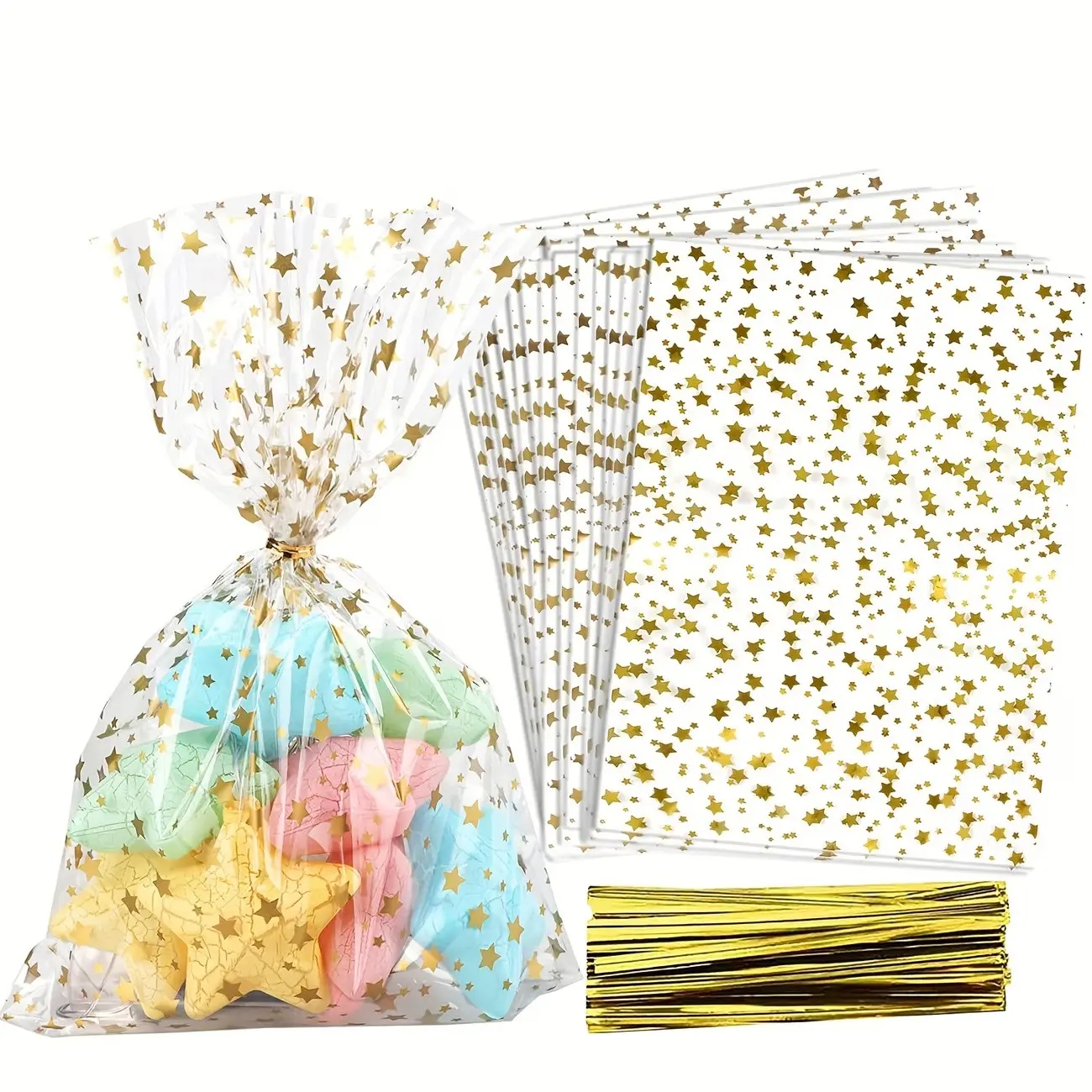 Star Pattern Opp Gift Bags, 50 Pack with 50 Twist Ties, Ideal for Party Decor and Treats, Birthday Party Favors, Party Favors Assortment, Party Favor Packs, Party Goodie Bags