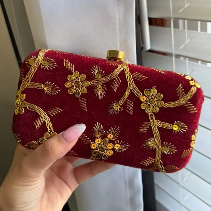 Maroon with Golden Embroidery Clutch - Elegant Floral Design for Special Occasions
