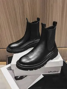 Men's Winter Versatile British Style Chelsea Boots, Fleece Lined, Solid Color Work Boots, Casual Ankle Boots, High Top Leather Shoes, Boots, Footwear