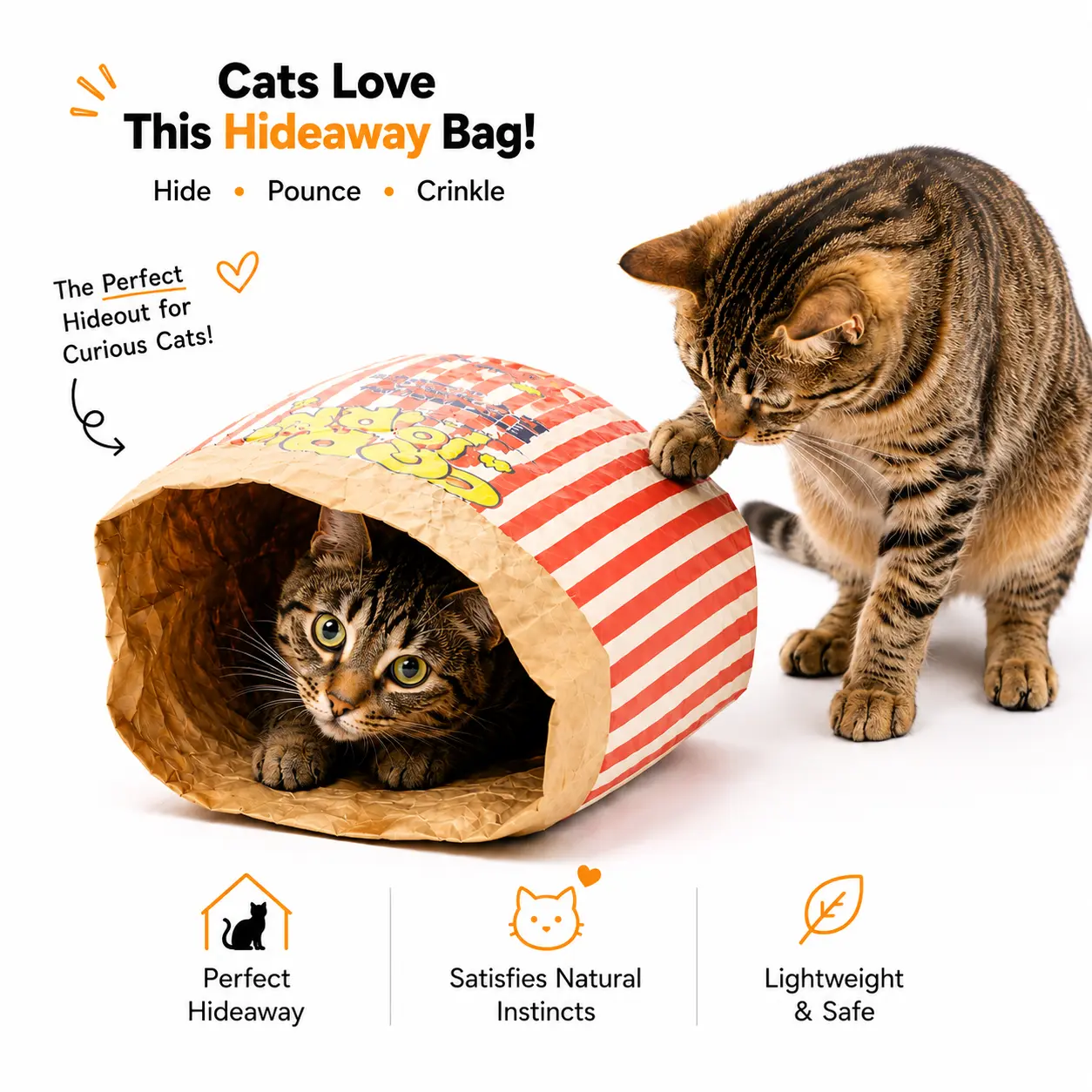 Upgrade Cat Toy Cute Large Kraft Paper Double-Layer Crinkle Bag Cat Hideout (29.53*13.78inch), Hide & Seek Play Tunnel Cat Bed Puzzle Relaxation, Cat Hideout Toy Cat Crinkle Toy for Indoor Kittens & Adult