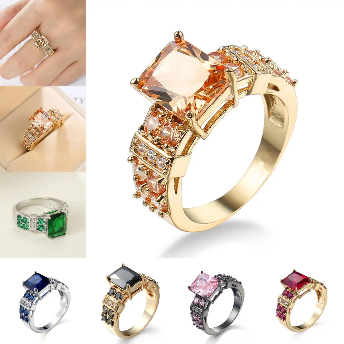 Emerald Cut CZ Statement Ring, Women’s Gold Plated Multicolor Accent Engagement Band, Timeless Solitaire Design with Side Stones, scratch-resistant plating, great for special events, bridal showers, gifting and daily luxury styling
