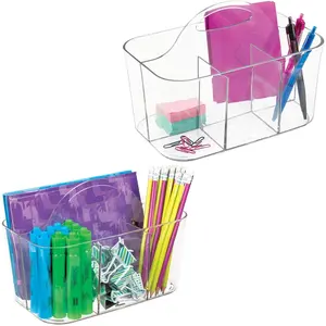 Plastic Small Office Storage Organizer Utility Tote  with Handle for Cabinets, Desks, Workspaces - Holds Desktop Office Supplies, Pencils, Staplers Lumiere Collection, 2 Pack, Clear