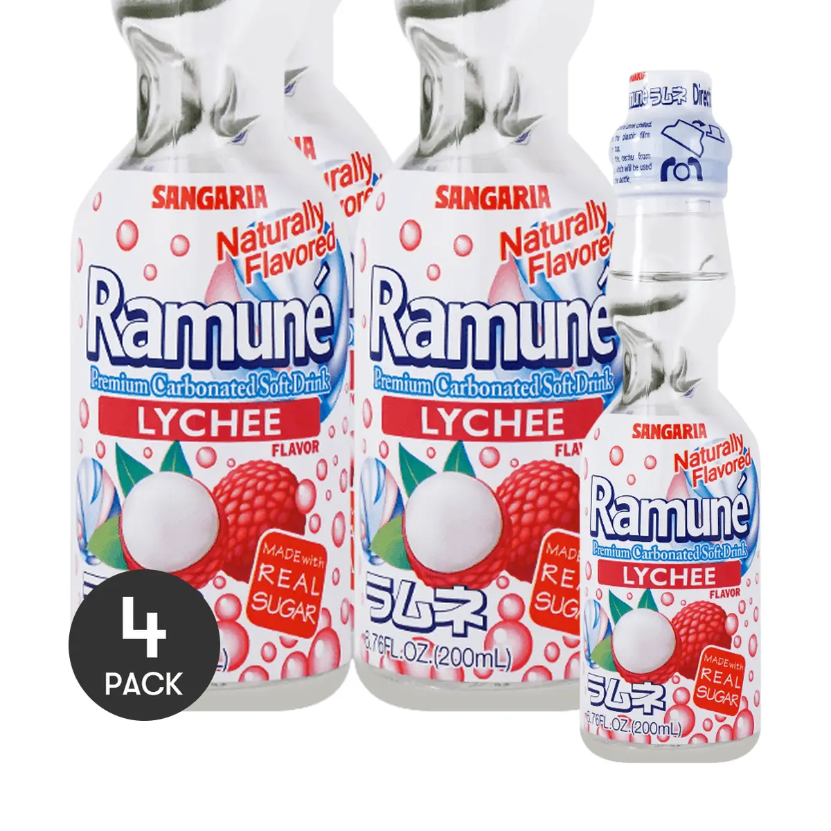 4 Pack Japanese Ramune Soda Lychee Flavor 6.76 fl oz Each - Premium Carbonated Marble Drink