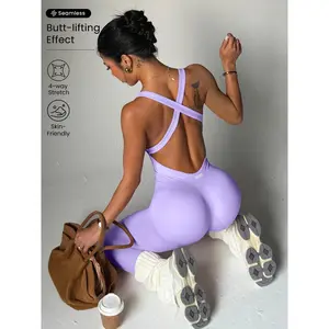 Backless Cross Back Solid Jumpsuit, Tight Fit Waist Cinch Butt Lift, Breathable High Stretch Sporty Yoga Outdoor Wear, All Seasons, Workout Jumpsuit
