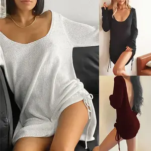 Women's Backless Long Sleeve Sweater Dress Scoop Neck Ruched Drawstring Dresses Knitwear