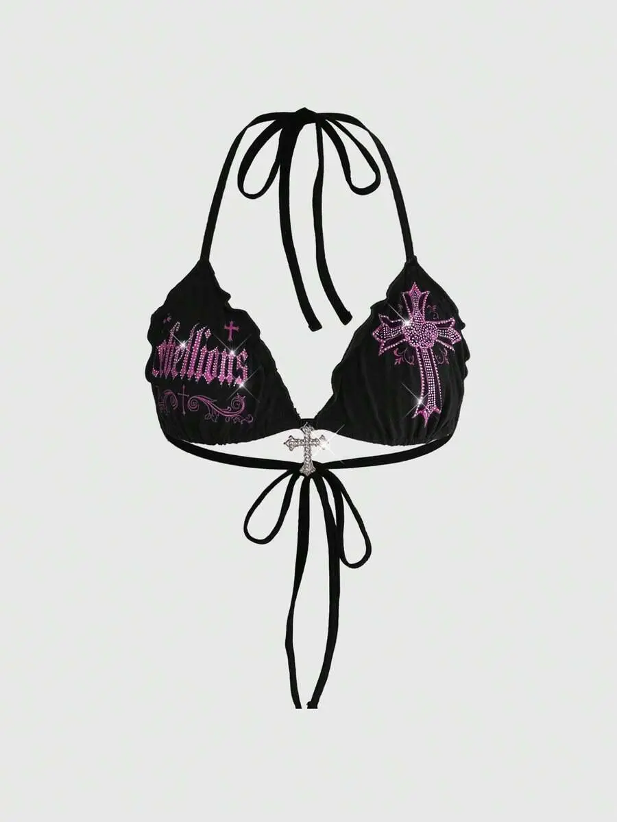 Y2k Sexy Gothic Cross Print Rhinestone Halter Bikini Top