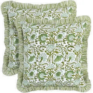 CPC Block Print Ruffle Throw Cover Agate Green 16"x16" Inch Pack of 2-100% Cotton Ruffle Couch Decorative Boho Pillows Case for Living Room, Bedroom, Sofa, Farmhouse Gift for Spring, Mother's Day
