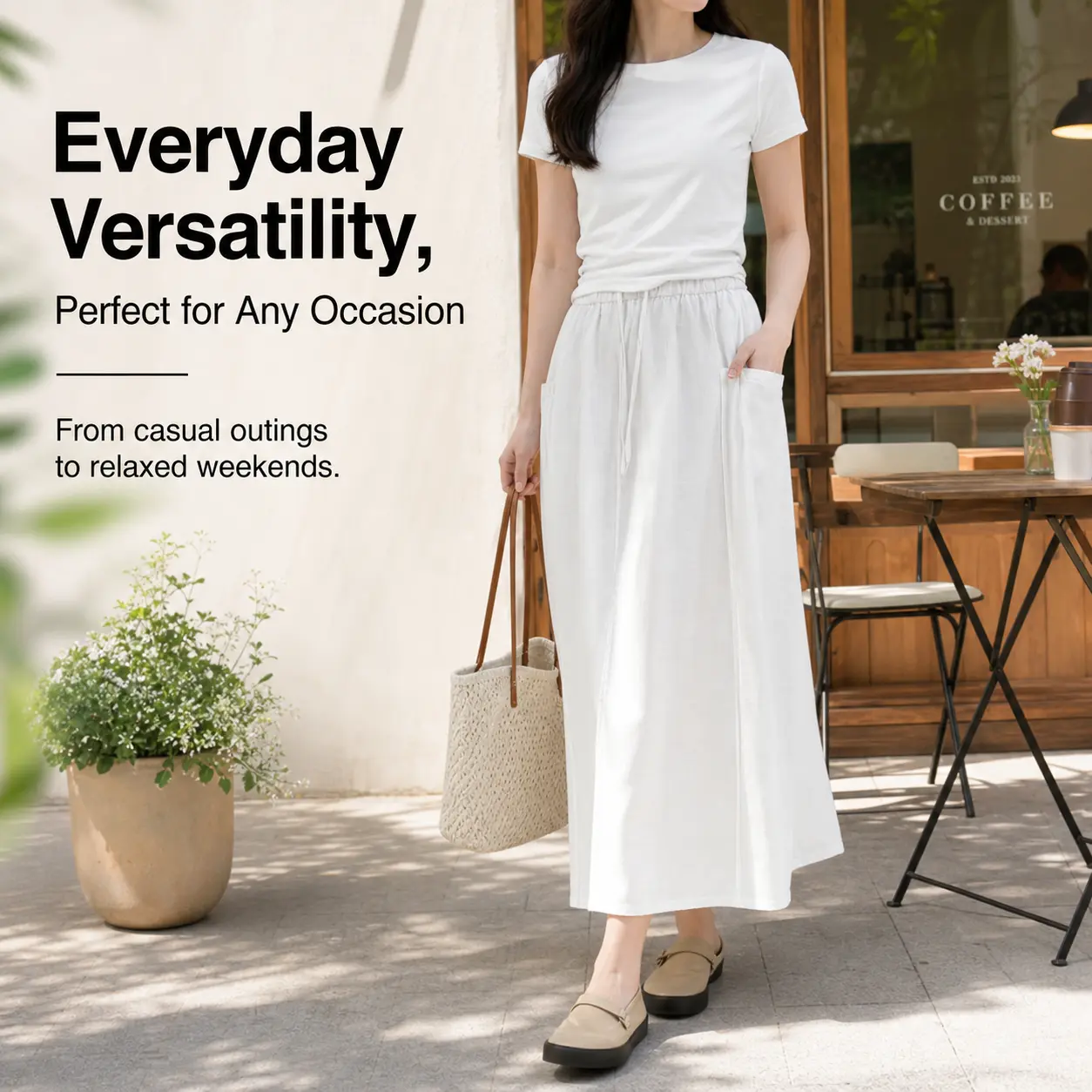Women Solid Pure Cotton A Line Midi Skirt, Drawstring Elastic Waist Casual Long Skirt with Side Pockets for Summer Daily Wear