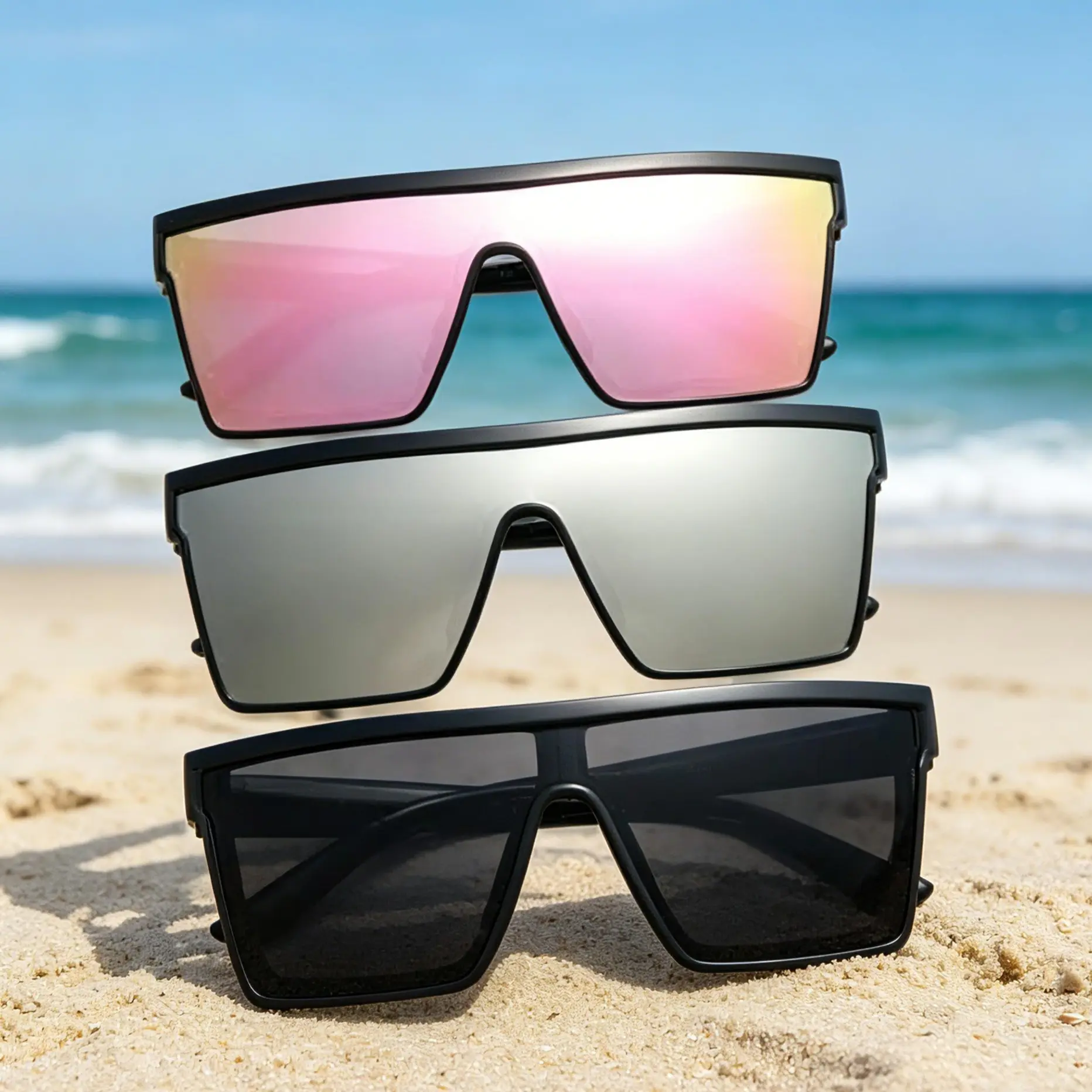 Oversized Square Womens Sunglasses, 3-Piece Flat-Top Shield Set with Mirrored & Black Lenses, Fashionable UV400 Eyewear for Driving & Streetwear, Fashionable Multifunctional Shades, Outfits, Mirrors, Everyday