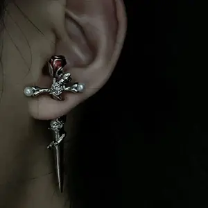 Cross rose earrings, thorn-wrapped studs, pierced flower pearl ear pins, niche sweet and cool style earrings