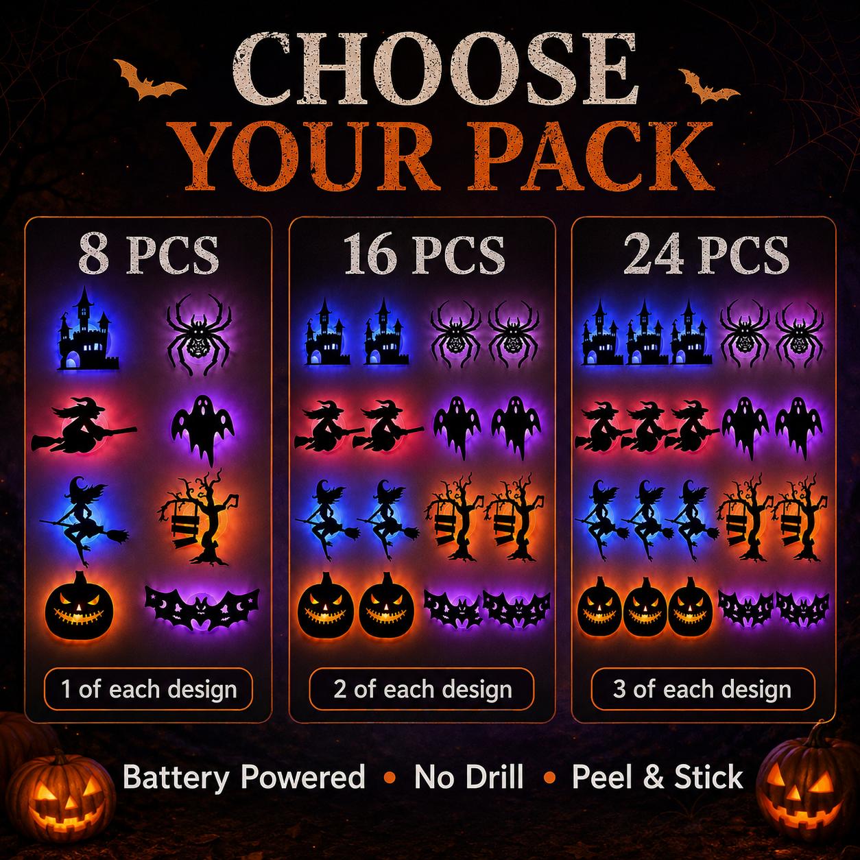 Halloween LED Silhouette Wall Light Stickers, Battery Powered Peel & Stick Decor Lights, No Drill PET Waterproof Wall Decor, Spooky Ghost Pumpkin Witch Bat Castle Spider Tree Ornaments for Home Window Door Party, 9/18/27 Pack Available Halloween LED Silhouette Wall Light Stickers, Battery Powered Peel & Stick Decor Lights, No Drill PET Waterproof Wall Decor, Spooky Ghost Pumpkin Witch Bat Castle Spider Tree Ornaments for Home Window Door Party, 9/18/27 Pack Available