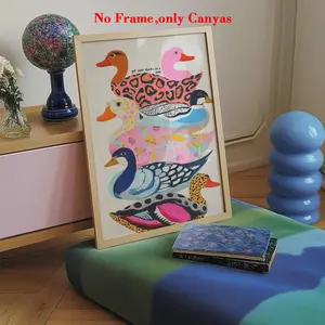 1 pc, wall art, Unique Artwork, vintage poster, funny colorful duck art print, trendy animal pattern kitsch dopamine canvas painting, living room decoration, bedroom aesthetic design, Modern Home Decoration, gift for friends, housewarming gift, unframed