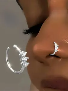 S925 sterling silver 1 pair of women's shiny nose rings, inlaid with synthetic cubic zirconia, adjustable and non perforated, suitable for daily fashion wear, anti allergic