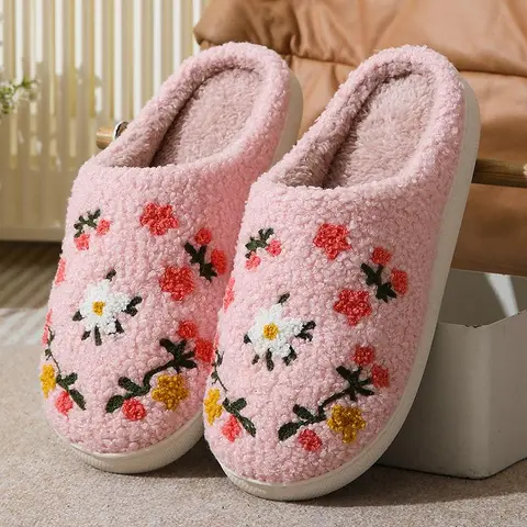 Cute Flower House Slippers for Women Indoor, Bedroom, Plush Cotton, Non-Slip Soft Sole, Winter Warm Slides,