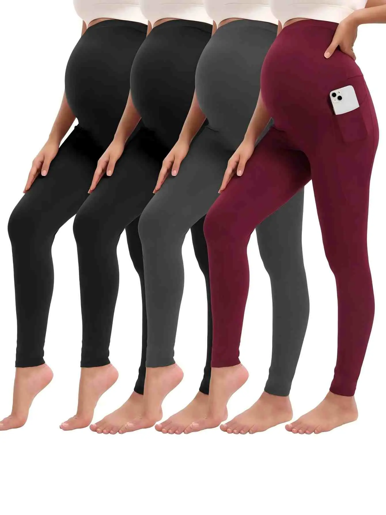 Cymebosilux 4-Pack Maternity Leggings, High Waisted Pregnancy Must Haves for Women, Activewear with Pockets for Yoga & Workout, Prenatal Maternity Clothing