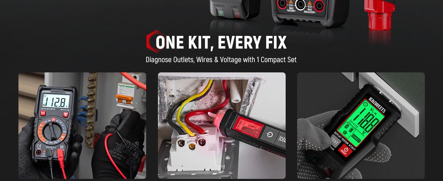 【FathersDayGift】KAIWEETS Electrical Test Kit KIT01, Digital Multimeter, Smart Non-Contact Voltage Tester & GFCI Outlet Tester with LCD, Complete Set with Carrying Case & Batteries for Electrician, DIY & HVAC