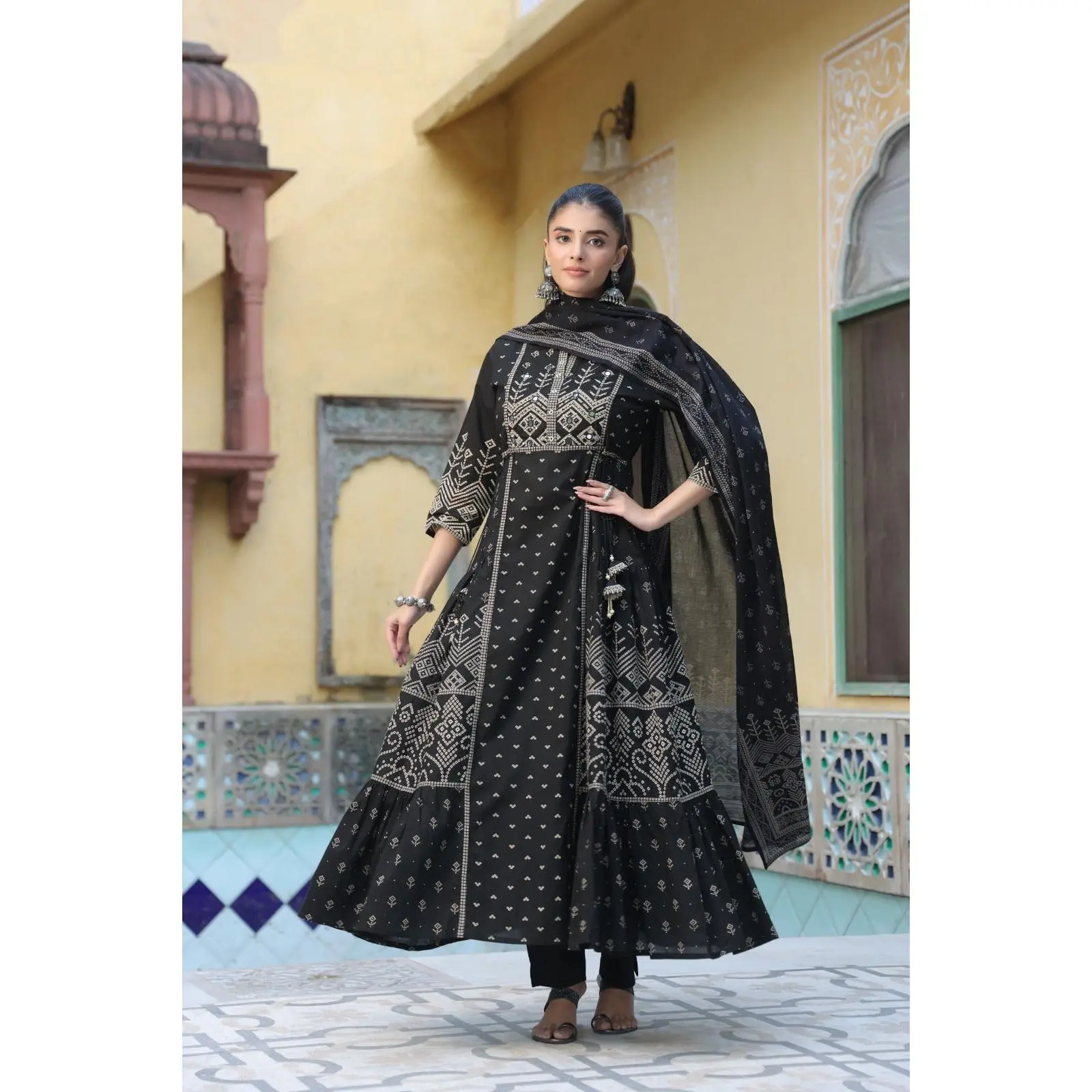 Black Cotton Anarkali Kurta Set with Dupatta - Ethnic Printed A-Line Long Tunic with Trousers for Women - Traditional Festive Wear