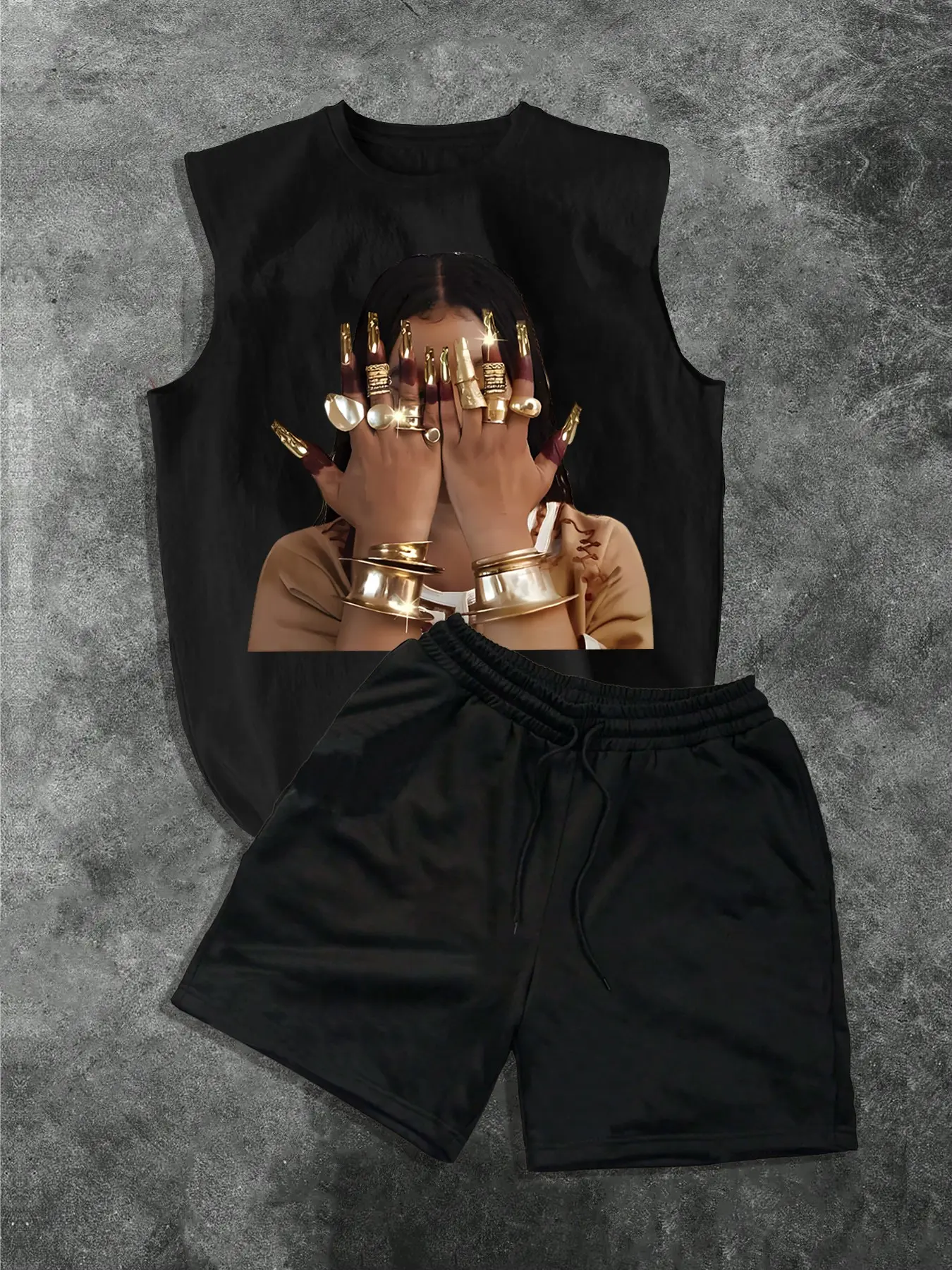 Men's Fashion Casual Baggy Two-Piece Set, Menswear Sleeveless Graphic Print T-Shirt and Drawstring Shorts, Loose Fit Streetwear Street Style Summer Outfit Clothes, Clothing Sets