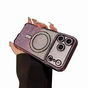 Aesthetic Glitter Sparkle Protective Smartphone Casing - Magnetic MagSafe Ring, Rhinestone Camera Lens Cover, Shockproof Handheld Accessory - Compatible with iPhone 17 Pro Max, 17, 16 Pro Max, 16 - Available in Purple, Black, Blue, Pink, Grey, Gold