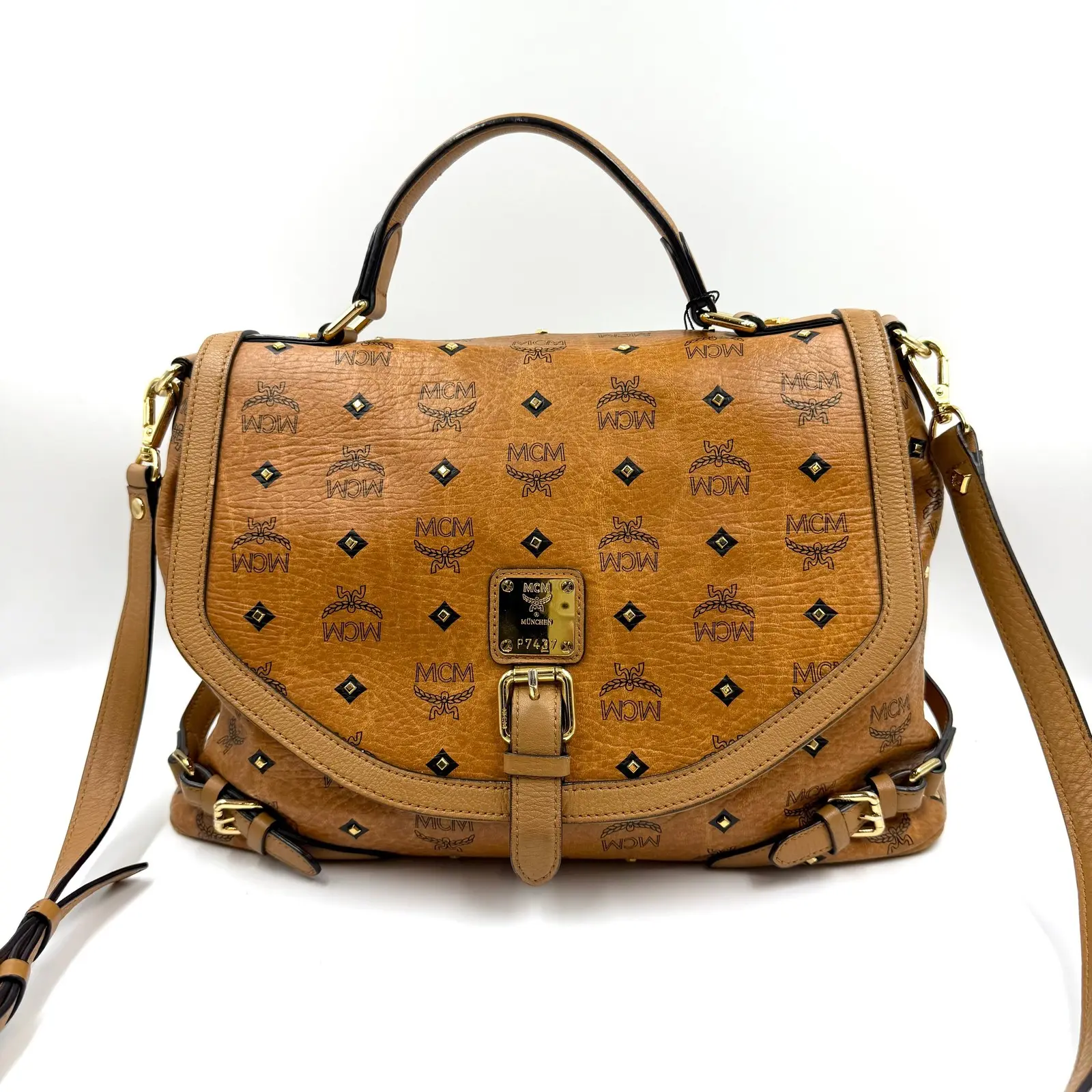 Pre-owned MCM As Shown Shoulder Bags HZ 6384 Visetos studded top handle satchel 26.07.16