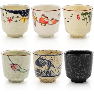 6 Pieces Japanese Tea Cups, 6 Oz Ceramic Coffee Cup with Good Heat Retention, No Handle Teacup Matcha Mug for Latte, Juice, Gift, Dishwasher Safe