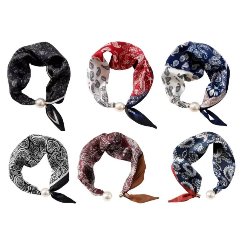 6PCS Magnetic Pearl Scarf,Satin Scarves for Women,Classic Printing Scarf,Elegant Neck Tie,Hair Bandanas Scarves