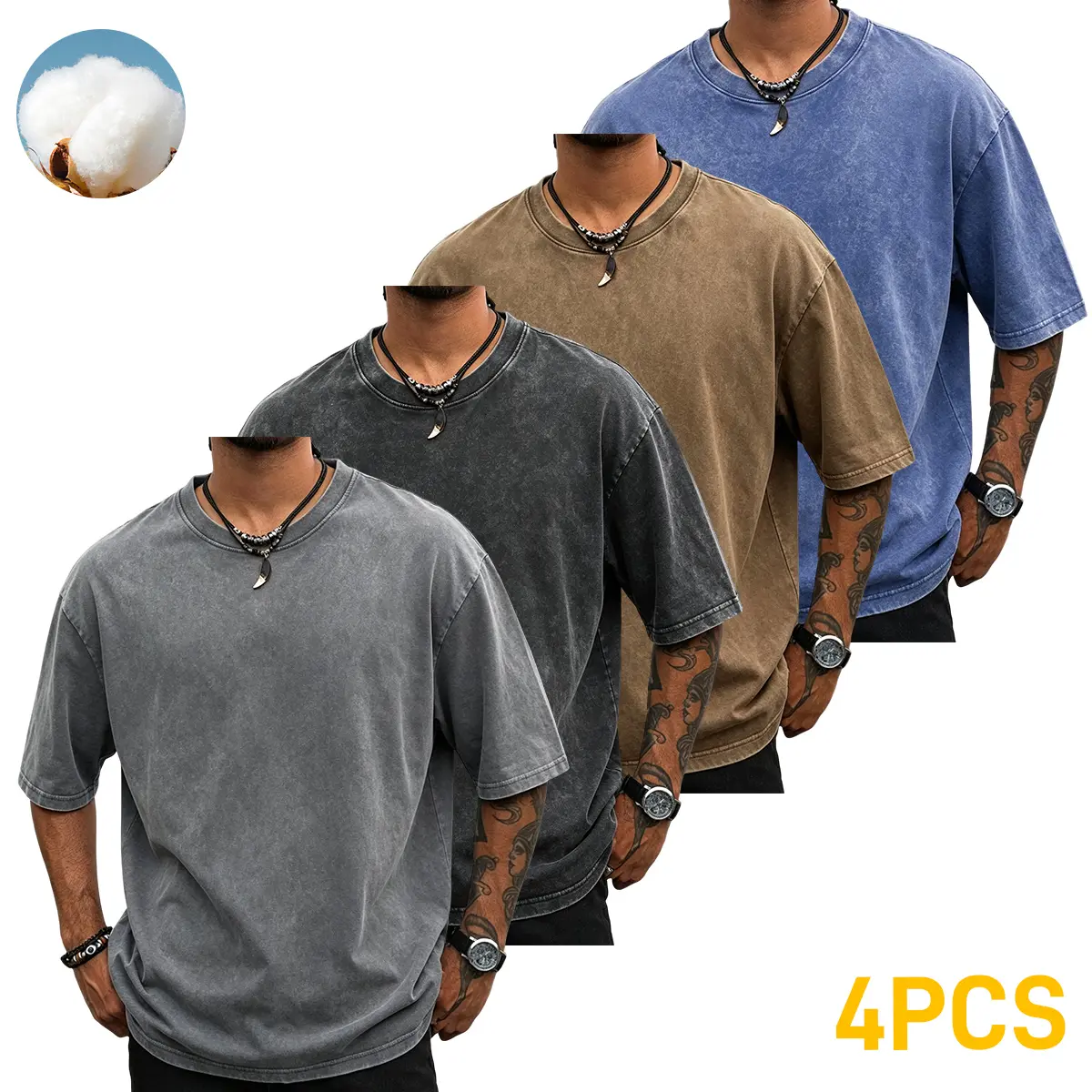 Men’s 4-piece pure cotton crew neck vintage washed T-shirt set — soft, loose T-shirts suitable for casual everyday wear; classic crew neck design.