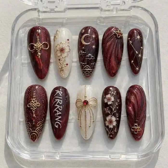 ARIRANG World Tour Inspired Press On Nails | Korean Concert Nails | Burgundy Chrome Press On Nails | Handmade Gel Nails | Elegant Fan Gift