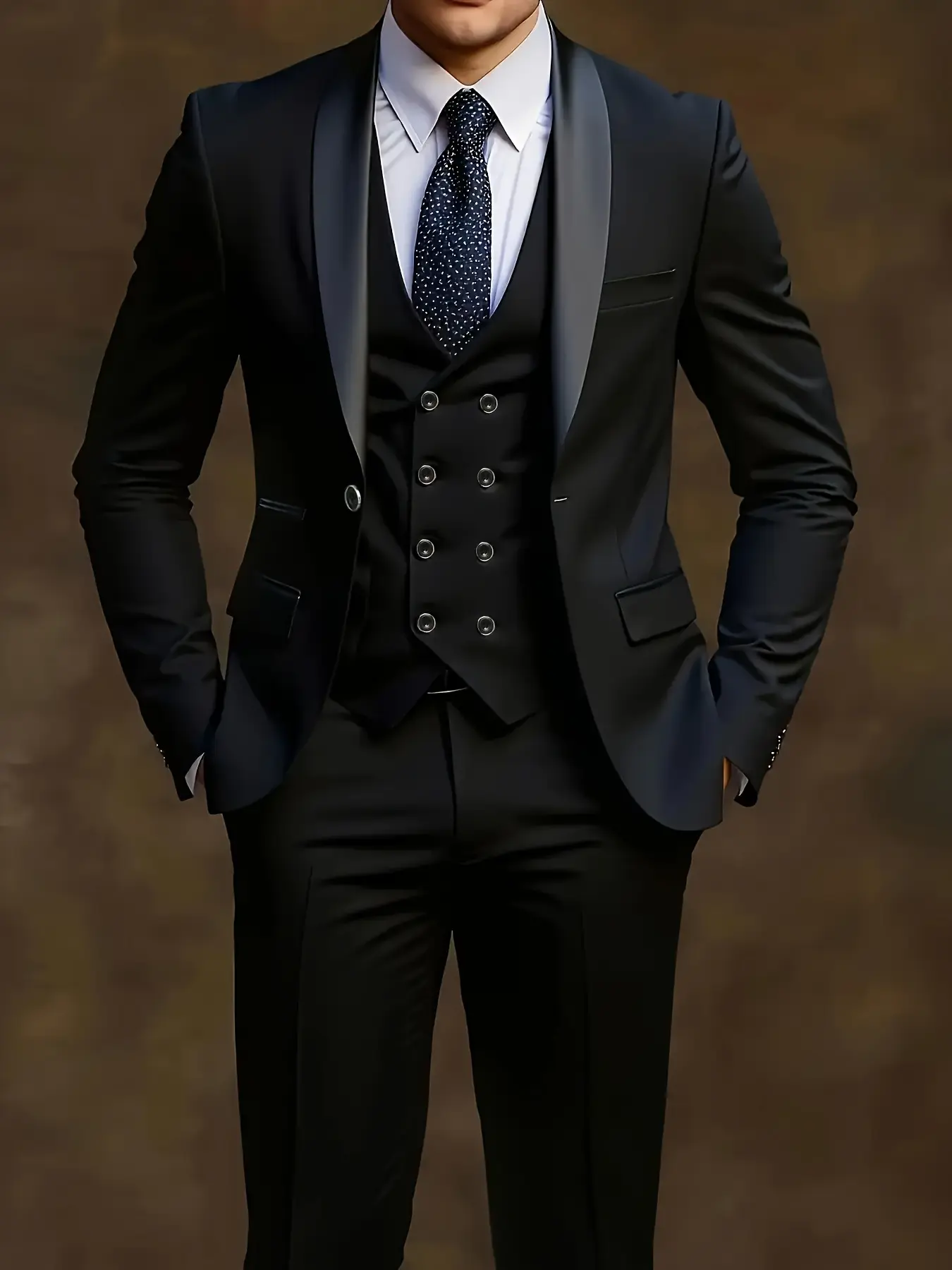 Men'S 3pcs Suit Set, Blazer Set - Formal Business Attire with Slim Fit, Long Sleeve, Solid Color, Fake Buttons, Lapel Collar, All-Season Wear, Wedding, Work Uniform, Menswear, Collared