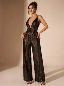 Women's Deep V-Neck Party Sequin Wide Leg Jumpsuit,Sequin,Valentine's Day,Valentine Outfits For Women