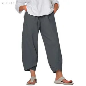 2025[Vintage Harem Wide Leg Pants] Y2k Wide Leg Linen Capri Pants - Solid Color Casual Middle Waist Vintage Harem Trouser with Pockets