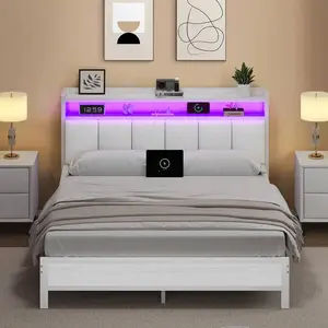 Upholstered Bed Frame With Charging Station, LED Bed Frame With Storage Headboard, Metal Platform Bed Frame With Heavy Duty Metal Slats, No Box Spring Needed, Easy Assembly, Black/ White/ Beige, Twin/ Full/ Queen/ King
