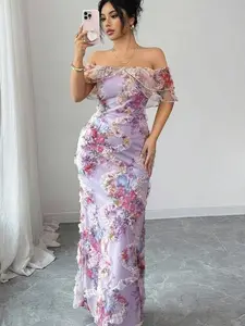 🌸 Off Shoulder Floral Mesh Dress | Elegant Ruffle Fitted Romantic Dress for Wedding Guest & Date Night ✨
