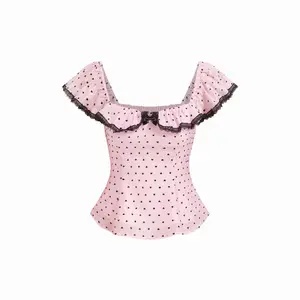 Cider Heart Square Neck Lace Trim Bowknot Shirred Blouse