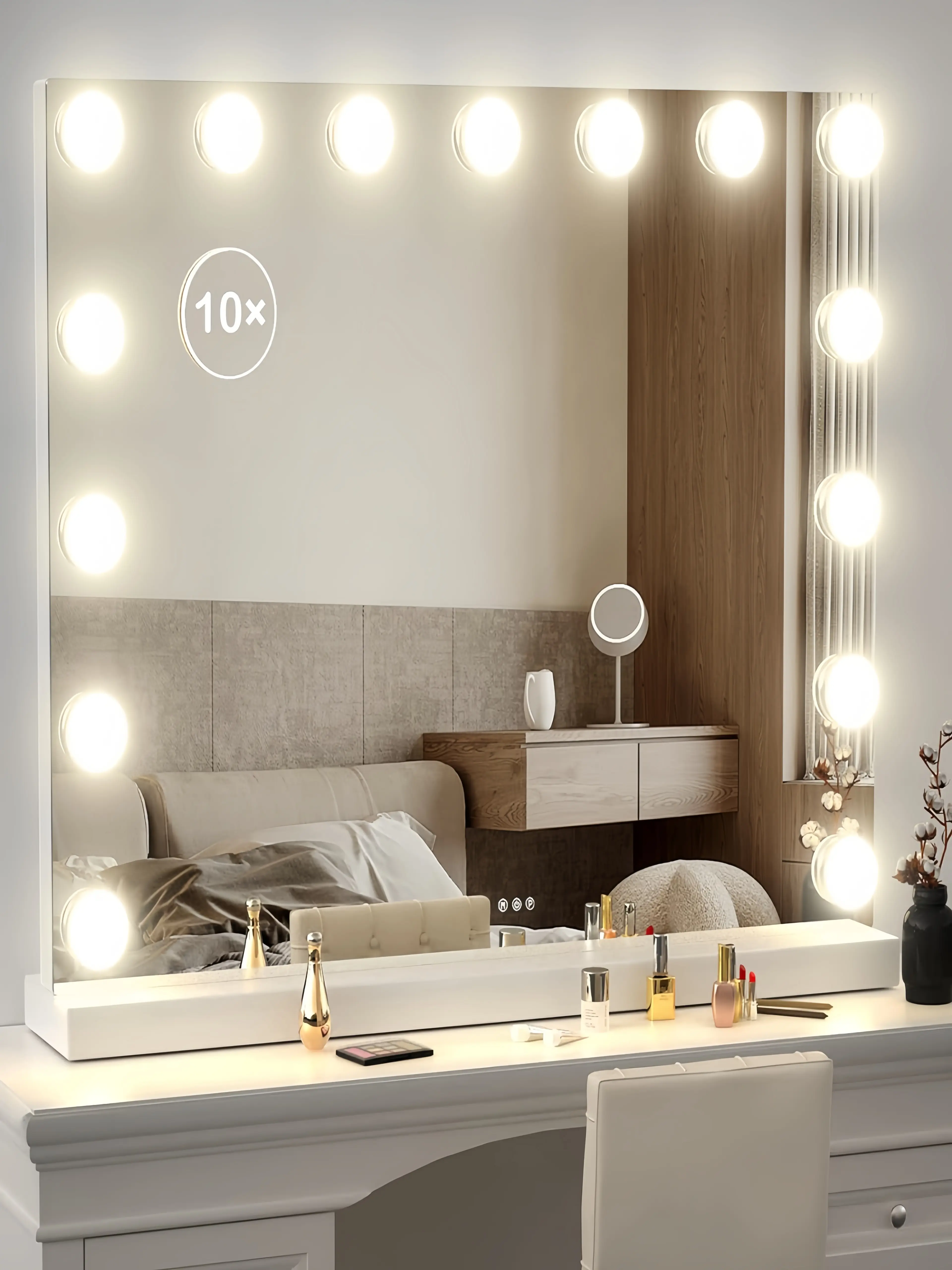 Hollywood lighting makeup mirror, desktop desktop mirror, Hollywood lighting makeup mirror, smart touch control, with detachable 10x magnifying glass, with 15 LED bulbs, 3 colors adjustable
