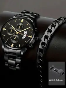 2PCS Men's Casual Simple Striped Stainless Steel Watch Black Bracelet, Suitable For Gift Giving
