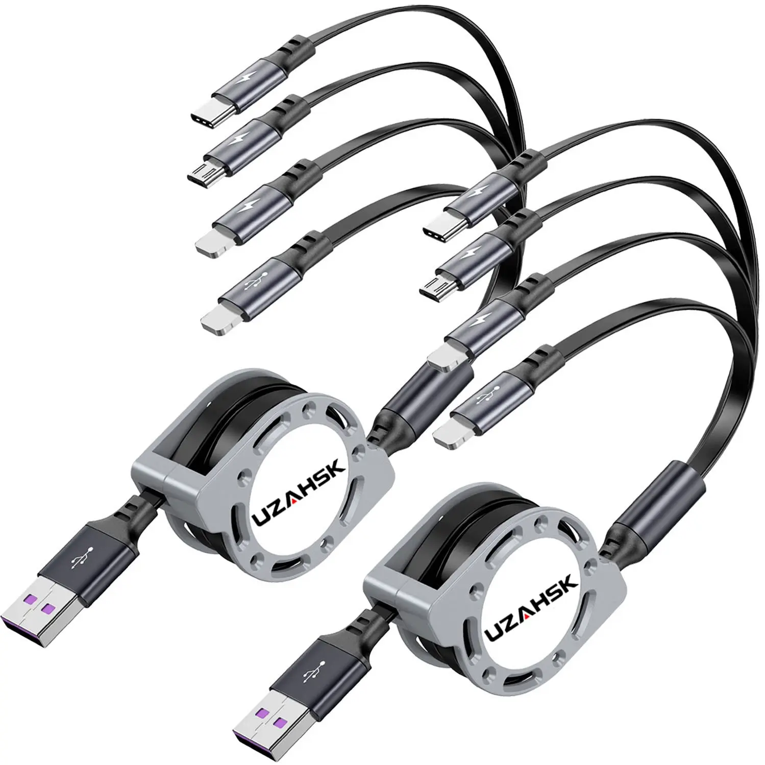 4 in 1 Multi Charging Cable, Retractable Multi Fast Charger Cable | [2Pack, 4Ft] with Type C/Micro USB Ports for Cell Phones/IP/Galaxy/PS/Tablets/iPads