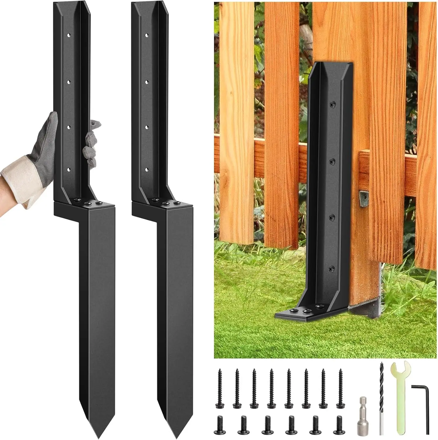 2-Pcs Electrophoretic Garden Fence Post Repair Kit, Heavy-Duty Ground Stakes Anchor for Tilted or Broken Wood Supports in Courtyards