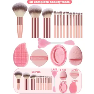 18PCS Makeup Tools Set Including:13PCS Makeup Brush Set,1pc Facial Cleansing Sponges,1pc Makeup Brush Cleaning Tools,1pc Facial Mask Brush,1pc Air Cushion Powder Puff,1pc Silicone Face Washing Tool, Cosmetic