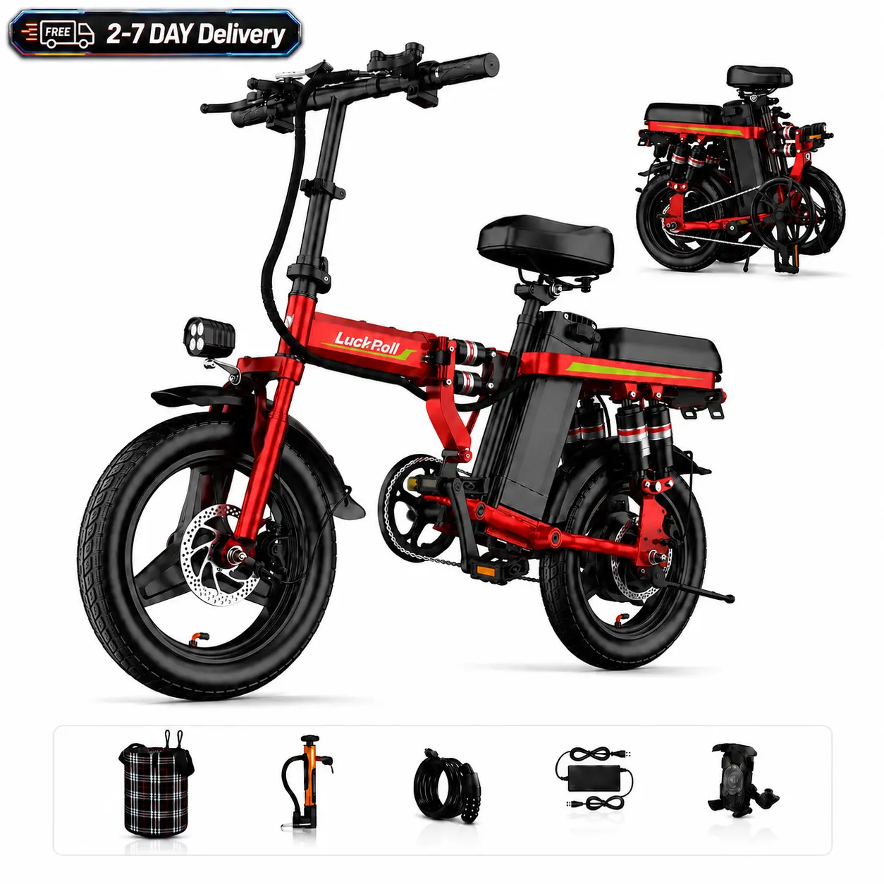 14" Fast Folding Electric Bike for Adults, 2000W Peak Ebike (Red Pro), 52V Battery, 80 Mi Long Range, UL2849 Certified High Power Commuter Bicycle