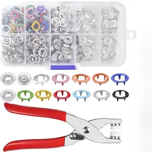Button fastener kit - for fabric metal buttons and with fastener pliers pressing tool kit with flat head screwdriver and cone, used for DIY crafts, clothing sewing, hats